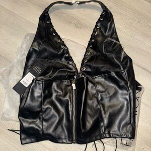 Fashion Nova Leather Halter Top with Lace-Up